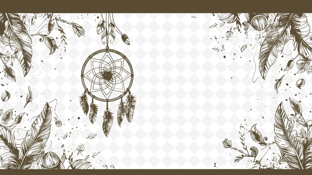 PSD png bohemian frame art with dreamcatcher and feather decorations illustration frame art decorative