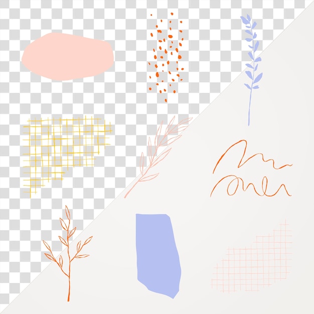 Png botanical leaves aesthetic doodle elements set