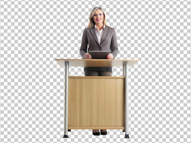 PSD png businesswoman standing at podium with tablet transparent