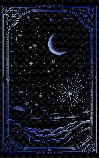 Png Celestial Postcard Design With a Starry Night Frame Style Fe Outline Arts Scribble Decorative