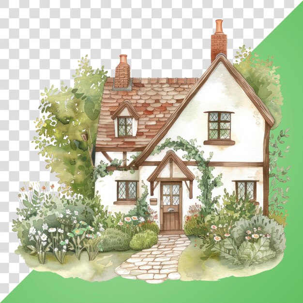 PSD png charming cottage with lush garden