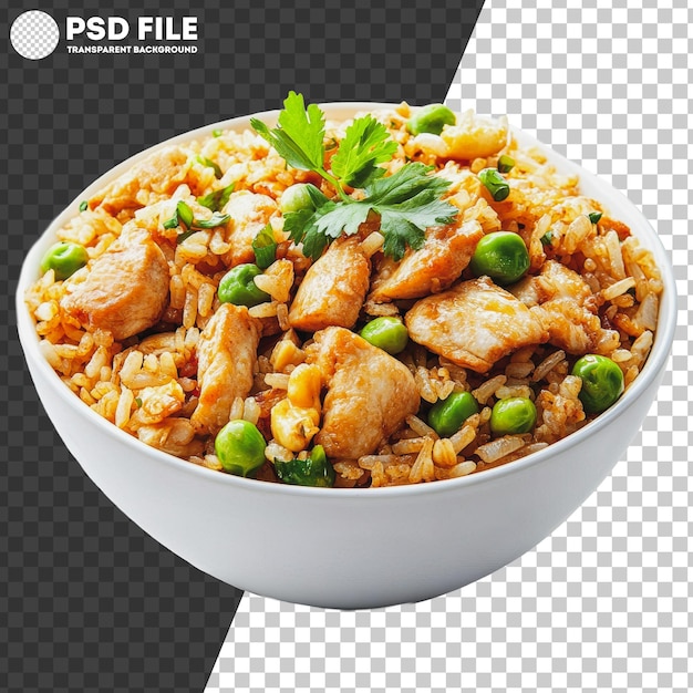 PSD png chicken fried rice with vegetables served in a white bowl