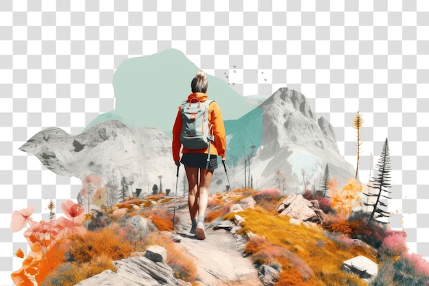 PSD png collage retro dreamy of woman hiking backpacking adventure outdoors