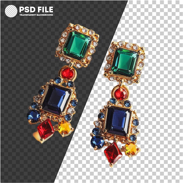 PSD png colorful jeweled earrings with gold accents