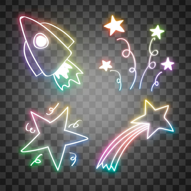 Png colorful neon glow star doodle set