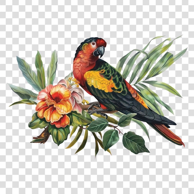 PSD png colorful parrot with tropical foliage