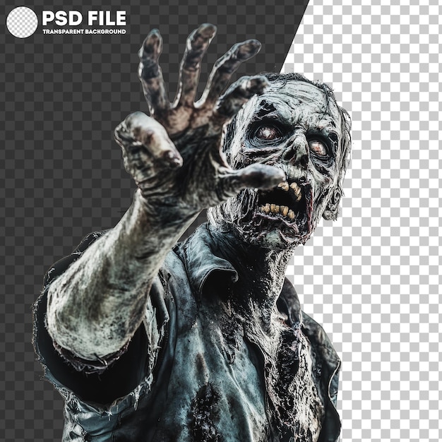 PSD png creepy zombie reaching out on a white background