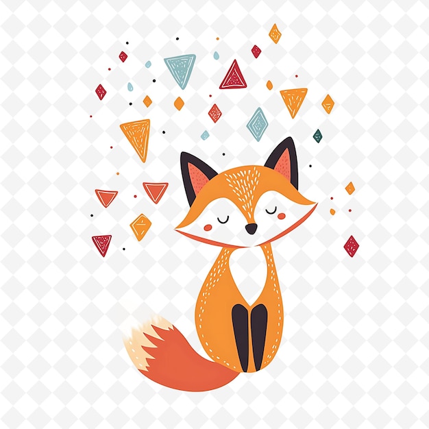 PSD png curious fox with diamond shapes scattered like confetti ador flat illustration cute character