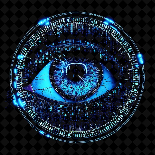 PSD png cybernetic eye frame surrounding aave with binary code and a y2k neon shape on dark background