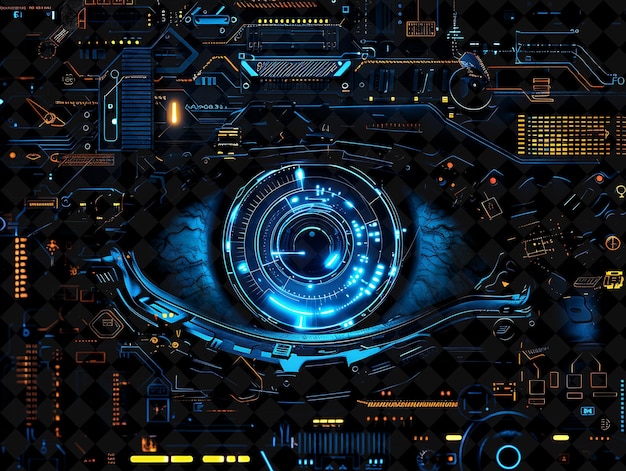 PSD png cybernetic eye frame surrounding enjin with binary code and y2k neon shape on dark background