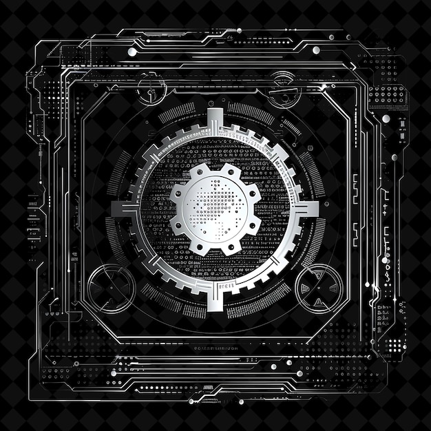 PSD png cybernetic frame with cardano symbol gears and binary code f y2k neon shape on dark background