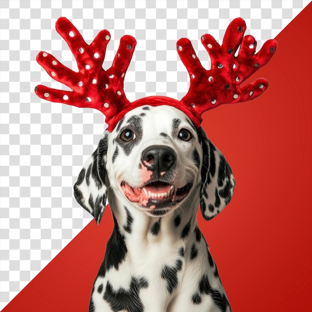 PSD png dalmatian dog dog wearing a red deer antlers headband on head dalmatian christmas costume