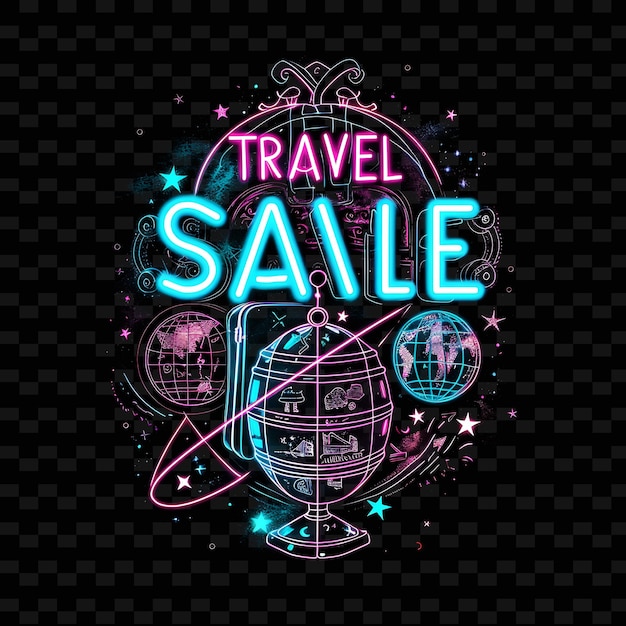 PSD png dazzling neon glow of travel sale text with a wanderlust cur unique decoration idea