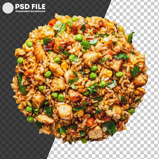 PSD png delicious fried rice with chicken peas and vegetables served in a circular mound on a white background