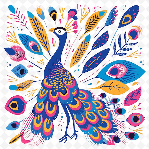 Png Delighted Peacock With Feather Eye Shapes Scattered Across T Flat Illustration Cute Character