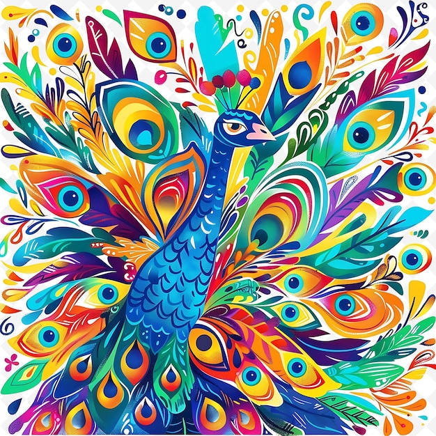 Png Delighted Peacock With Feather Eye Shapes Scattered Across T Flat Illustration Cute Character