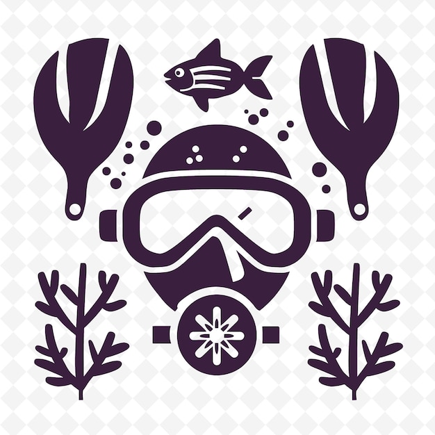 PSD png diving mask with underwater themed logo featuring a fish cor outline art creative designs