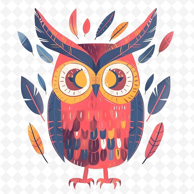 PSD png ecstatic owl with feather shapes sprinkled throughout wise a flat illustration cute character