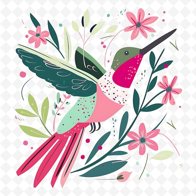 PSD png enchanting hummingbird with flower shapes randomly placed de flat illustration cute character