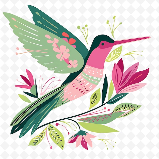 Png Enchanting Hummingbird With Flower Shapes Randomly Placed De Flat Illustration Cute Character