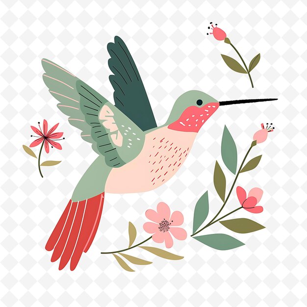 PSD png enchanting hummingbird with flower shapes randomly placed de flat illustration cute character