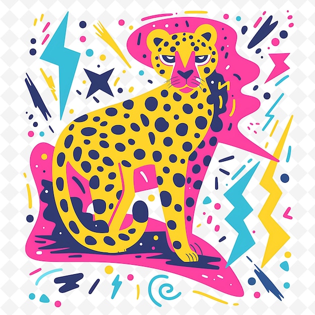 PSD png energetic cheetah with lightning bolt shapes scattered aroun flat illustration cute character