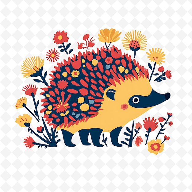 PSD png energetic hedgehog with flower shapes scattered like a meado flat illustration cute character