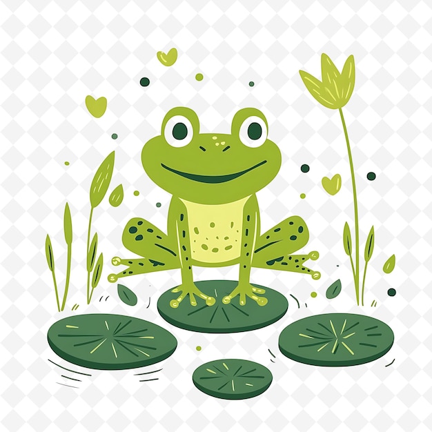 PSD png excited frog with lily pad shapes scattered like a pond vibr flat illustration cute character