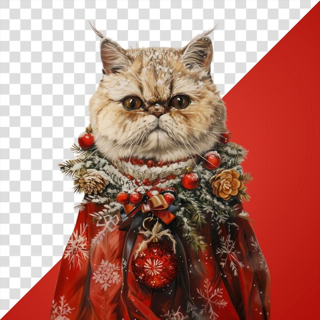 PSD png an exotic shorthair cat wears christmas theme dress painting animal human