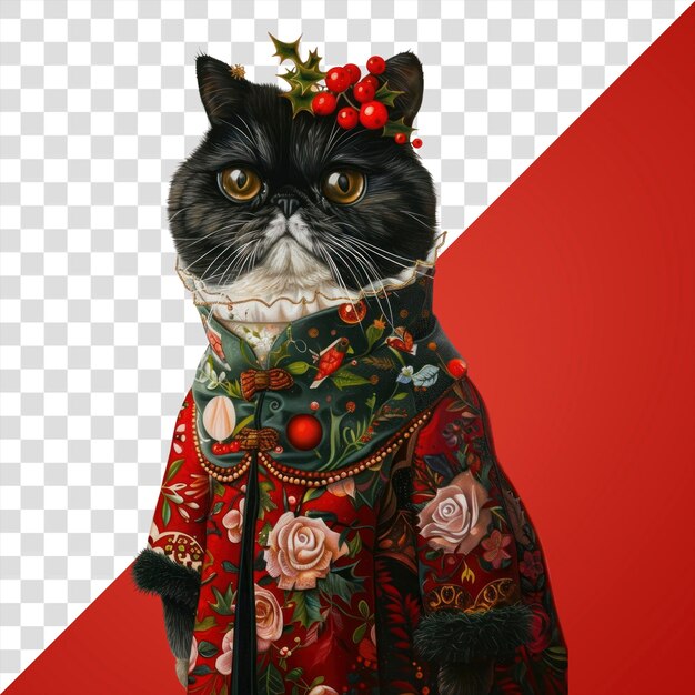 PSD png an exotic shorthair cat wears christmas theme dress painting portrait animal