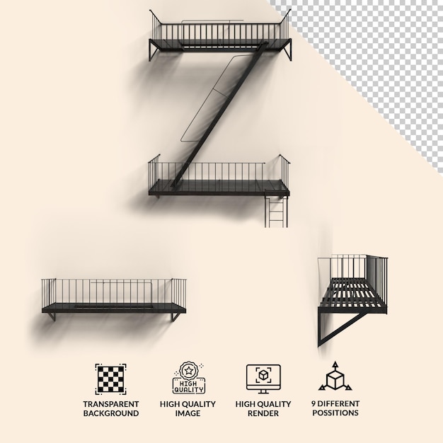 PSD png fire escape with transparent shadown and 9 different possitions fire escape 3d model