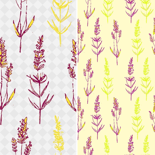 PSD png fragrant lavender flowers with wheat stalk outlines and hand nature pattern outline art design