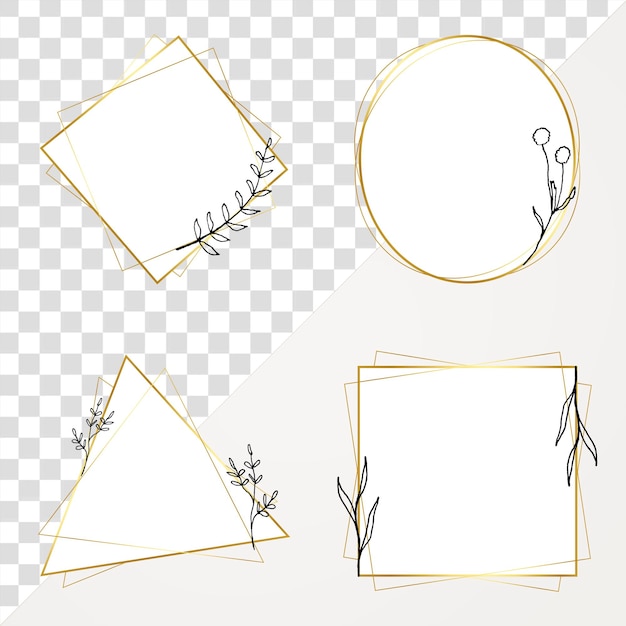 Png frame geometric set in minimal and gold with flower doodle on transparent background