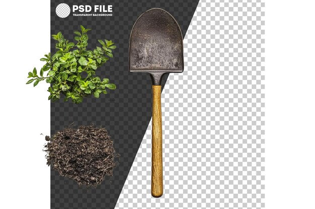 PSD png gardening tools and fresh herbs with soil on a white background