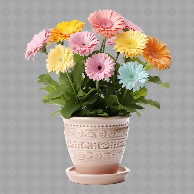 Png Gerbera Daisy Plant in a Ceramic Pot With Pottery Design on Interior Tree on Clean Background