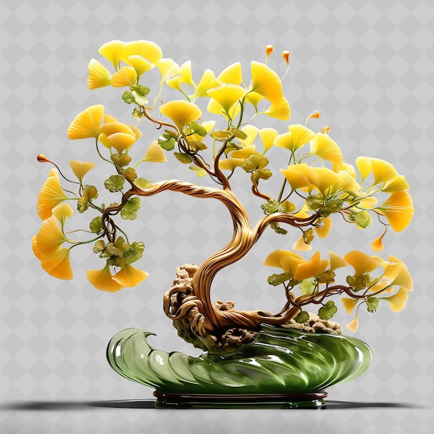 PSD png ginkgo bonsai tree glass pot fan shaped leaves artistic conc transparent diverse trees decor