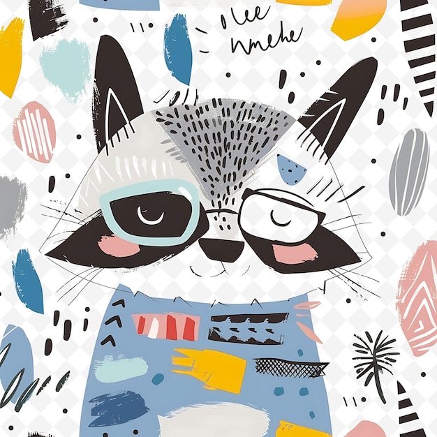 PSD png gleeful raccoon with bandit mask shapes scattered across the flat illustration cute character