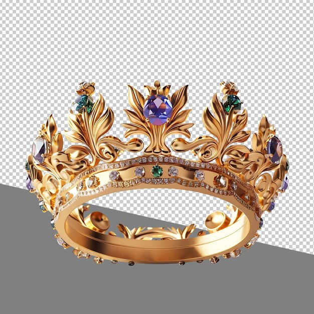 PSD png gold crown with gem stones isolated on transparent background