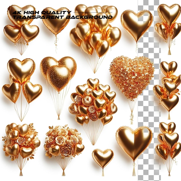 PNG Gold foil air balloon setCollection of different golden bunches of heart shaped balloons