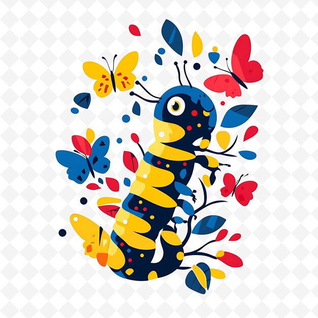 PSD png happy caterpillar with butterfly shapes spread throughout vi flat illustration cute character