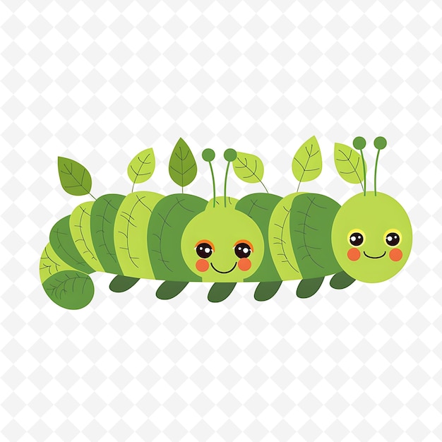 PSD png happy caterpillar with leaf shapes arranged like a path tran flat illustration cute character