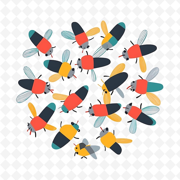 PSD png happy fly with buzzing shapes arranged like a swarm playful flat illustration cute character