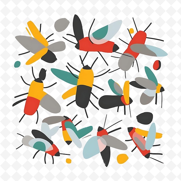 PSD png happy fly with buzzing shapes arranged like a swarm playful flat illustration cute character