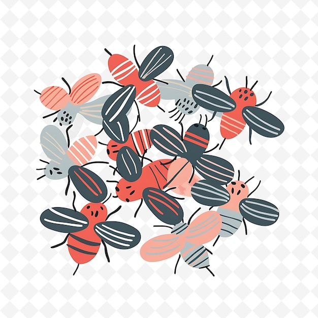 PSD png happy fly with buzzing shapes arranged like a swarm playful flat illustration cute character