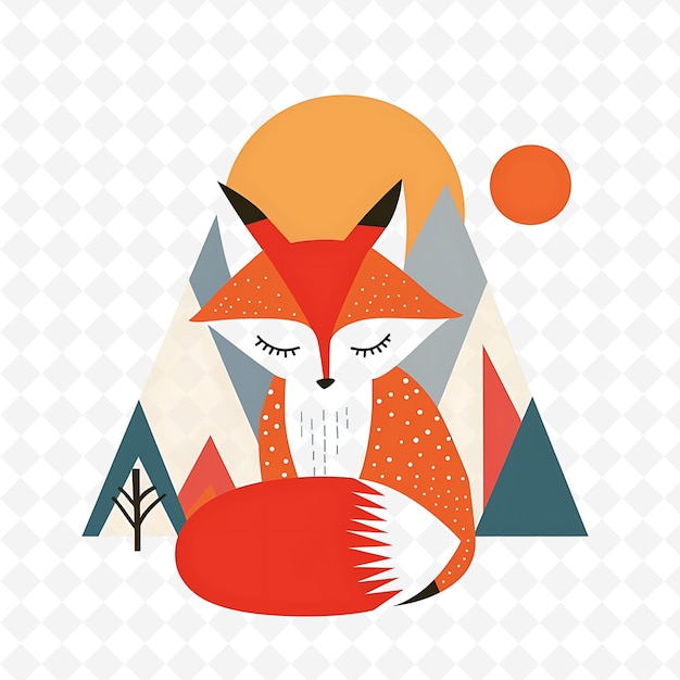 PSD png happy fox with triangle shapes arranged like a mountain rang flat illustration cute character