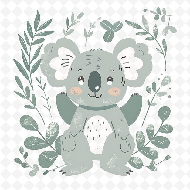 PSD png happy koala with eucalyptus leaf shapes scattered like a for flat illustration cute character