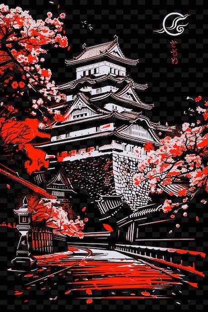 Png Himejis Castle With Majestic Street Scene Cherry Blossoms Mo Illustration Citys Scene Art Decor