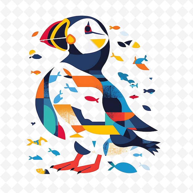 Png Jolly Puffin With Fish Shapes Sprinkled Throughout Vibrant a Flat Illustration Cute Character