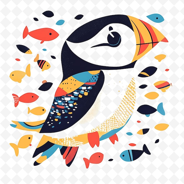 Png Jolly Puffin With Fish Shapes Sprinkled Throughout Vibrant a Flat Illustration Cute Character