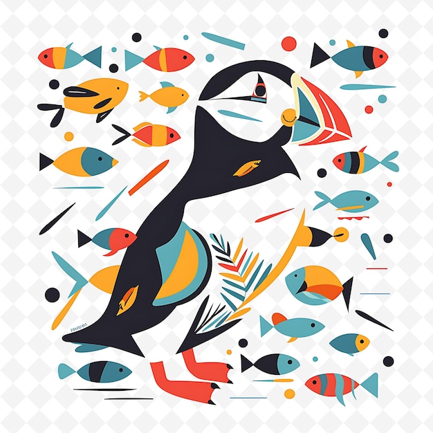 PSD png jolly puffin with fish shapes sprinkled throughout vibrant a flat illustration cute character